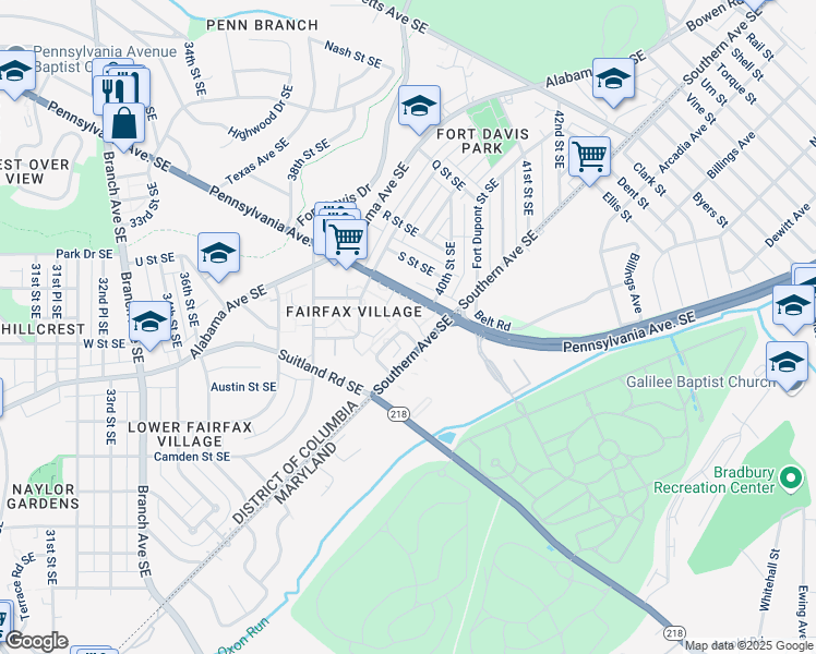 map of restaurants, bars, coffee shops, grocery stores, and more near 2107 Suitland Terrace Southeast in Washington