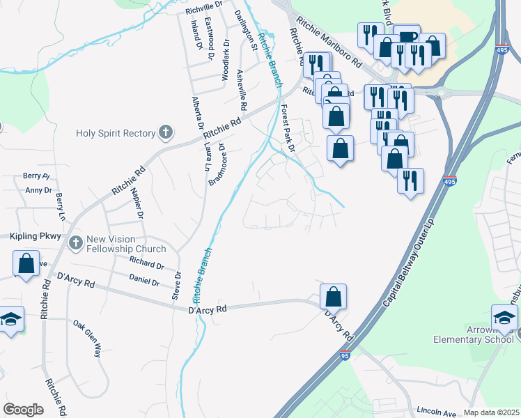 map of restaurants, bars, coffee shops, grocery stores, and more near 8589 Ritchboro Road in District Heights