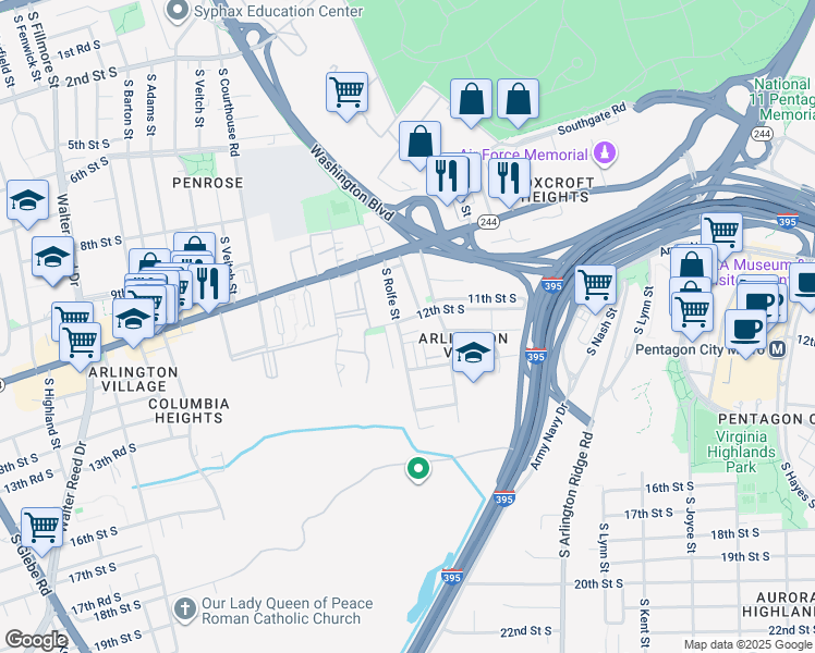 map of restaurants, bars, coffee shops, grocery stores, and more near 1726 12th Street South in Arlington