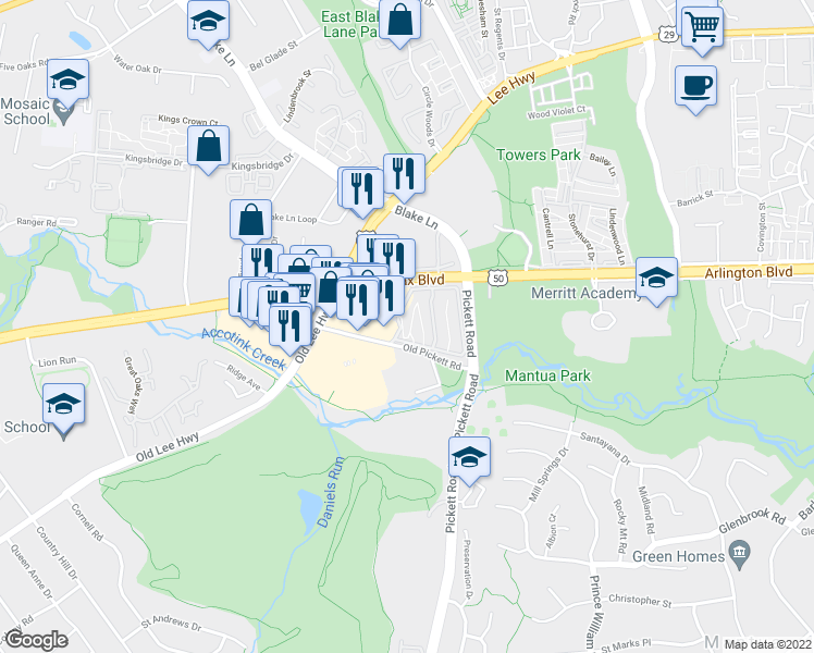 map of restaurants, bars, coffee shops, grocery stores, and more near 9487 Fairfax Boulevard in Fairfax