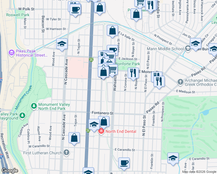 map of restaurants, bars, coffee shops, grocery stores, and more near 2112 North Wahsatch Avenue in Colorado Springs