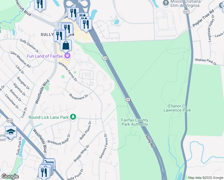 map of restaurants, bars, coffee shops, grocery stores, and more near 14333 Winding Woods Court in Centreville