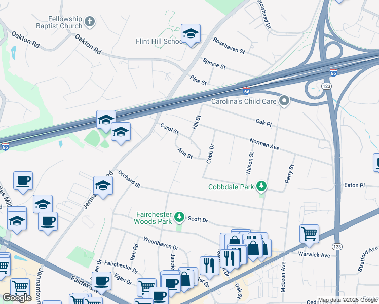 map of restaurants, bars, coffee shops, grocery stores, and more near 10806 Ann Street in Fairfax