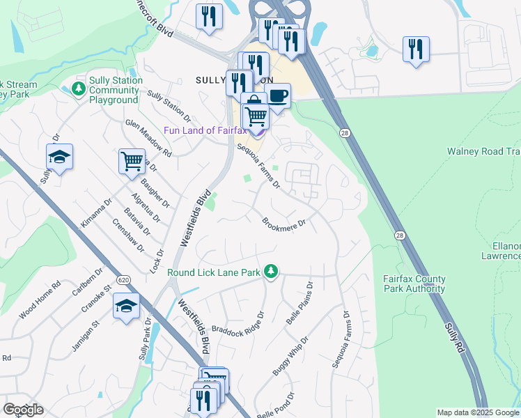 map of restaurants, bars, coffee shops, grocery stores, and more near 14348 Brookmere Drive in Centreville