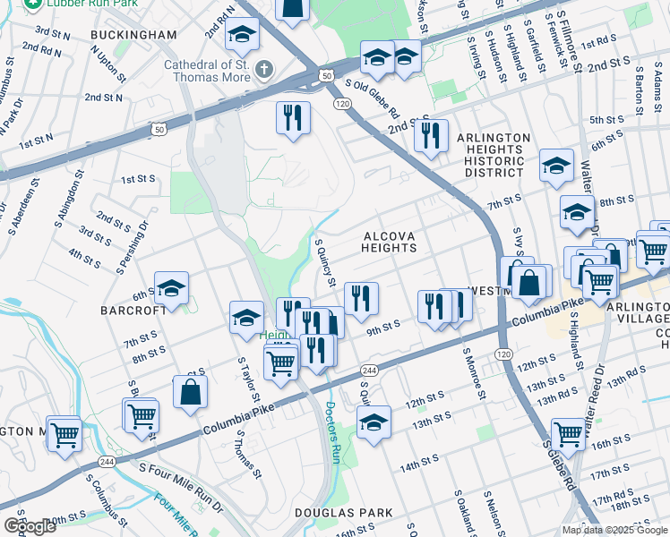 map of restaurants, bars, coffee shops, grocery stores, and more near 3928 7th Street South in Arlington