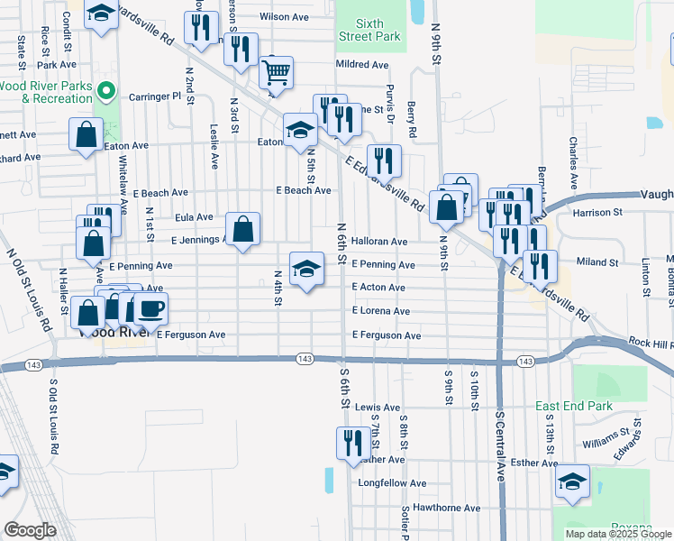 map of restaurants, bars, coffee shops, grocery stores, and more near 228 North 6th Street in Wood River