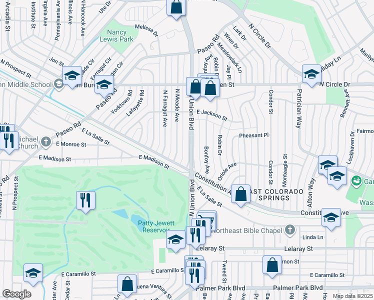 map of restaurants, bars, coffee shops, grocery stores, and more near 2212 North Union Boulevard in Colorado Springs