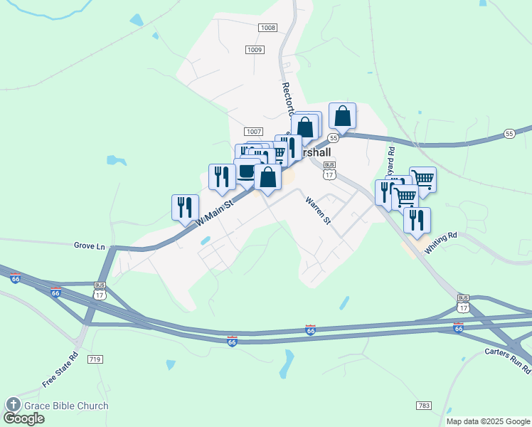 map of restaurants, bars, coffee shops, grocery stores, and more near 8605 Anderson Avenue in Marshall