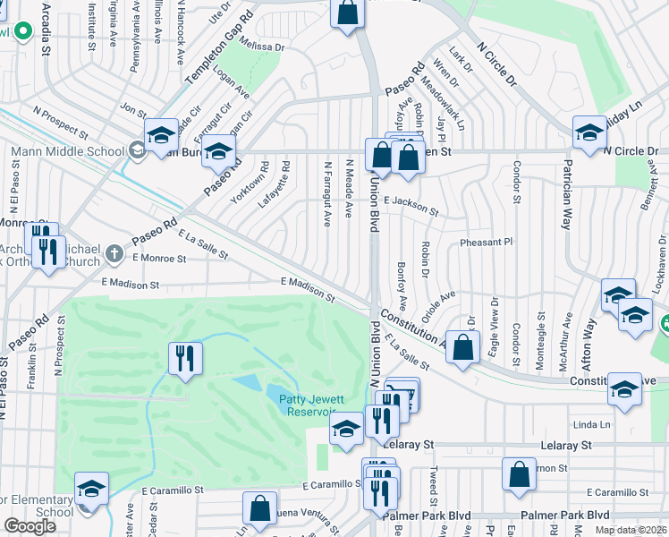 map of restaurants, bars, coffee shops, grocery stores, and more near 2211 Farragut Avenue in Colorado Springs