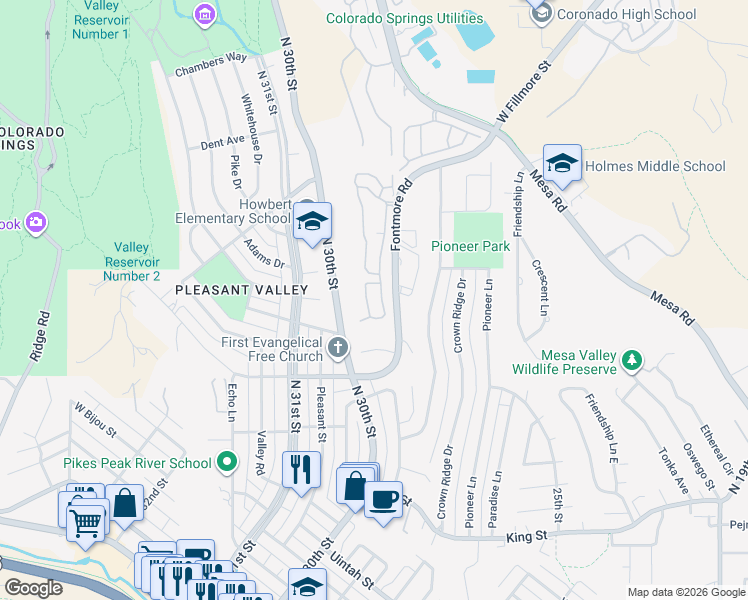 map of restaurants, bars, coffee shops, grocery stores, and more near 950 Fontmore Road in Colorado Springs