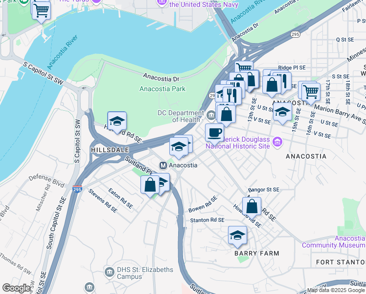 map of restaurants, bars, coffee shops, grocery stores, and more near 2409 Shannon Place Southeast in Washington