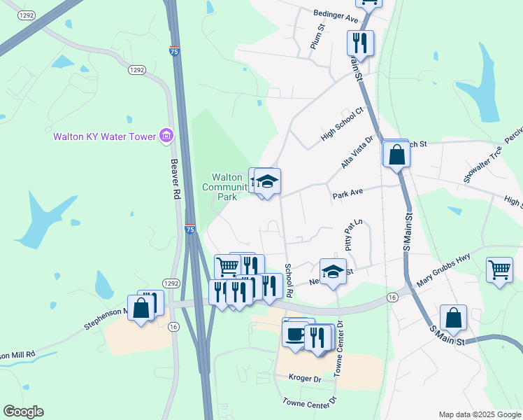 map of restaurants, bars, coffee shops, grocery stores, and more near 30 School Road in Walton