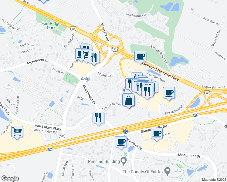 map of restaurants, bars, coffee shops, grocery stores, and more near 4110 Legato Road in Fairfax