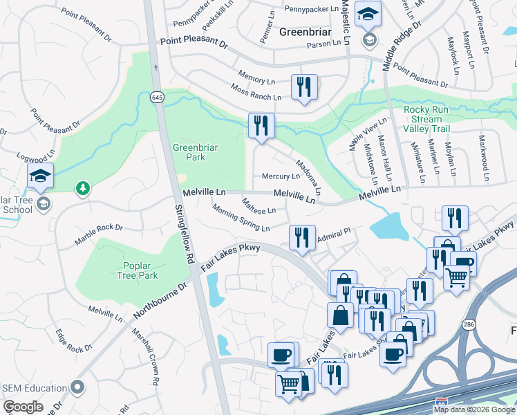 map of restaurants, bars, coffee shops, grocery stores, and more near 13141 Maltese Lane in Fairfax