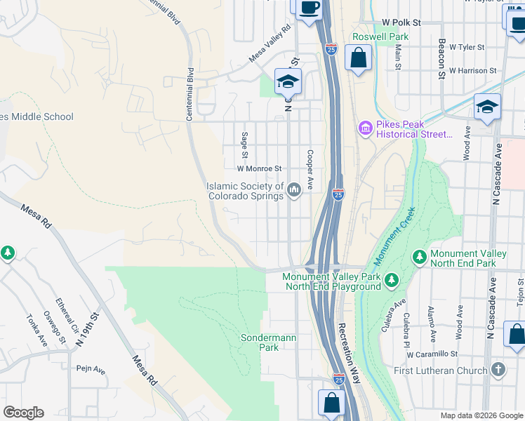 map of restaurants, bars, coffee shops, grocery stores, and more near 2114 North 7th Street in Colorado Springs