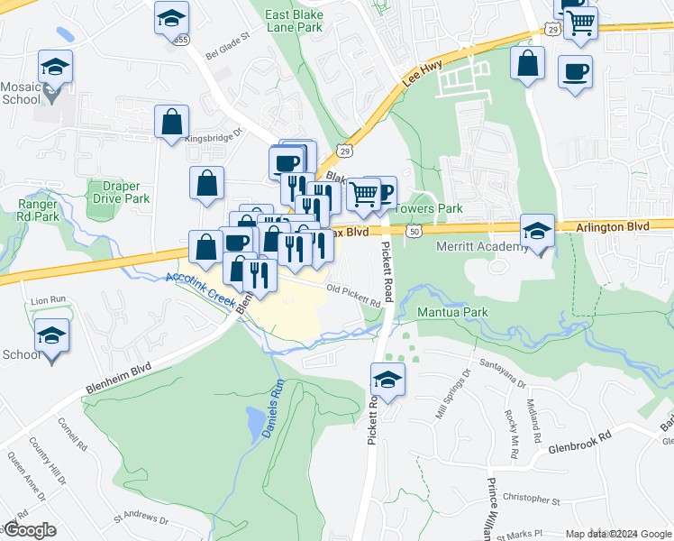map of restaurants, bars, coffee shops, grocery stores, and more near 9487 Fairfax Boulevard in Fairfax