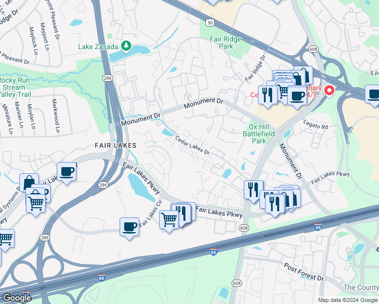 map of restaurants, bars, coffee shops, grocery stores, and more near 4327 Thomas Brigade Lane in Fairfax