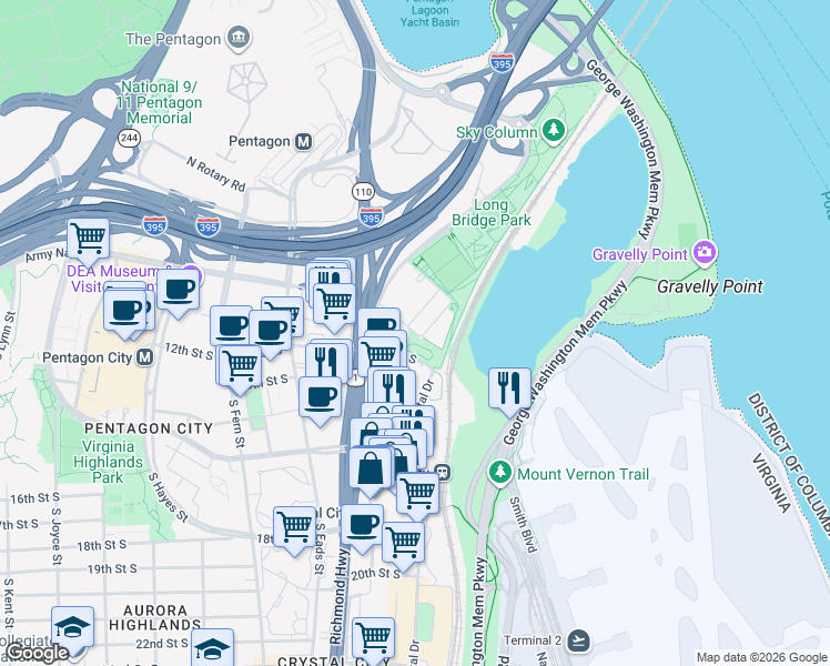 map of restaurants, bars, coffee shops, grocery stores, and more near 310 10th Street South in Arlington
