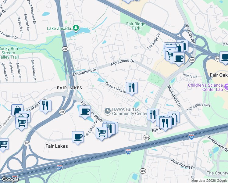 map of restaurants, bars, coffee shops, grocery stores, and more near 4327 Thomas Brigade Lane in Fairfax