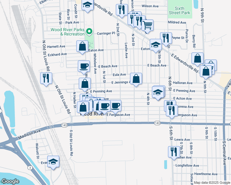 map of restaurants, bars, coffee shops, grocery stores, and more near 152 East Penning Avenue in Wood River