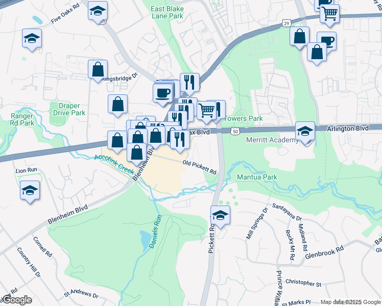map of restaurants, bars, coffee shops, grocery stores, and more near 9487 Fairfax Boulevard in Fairfax