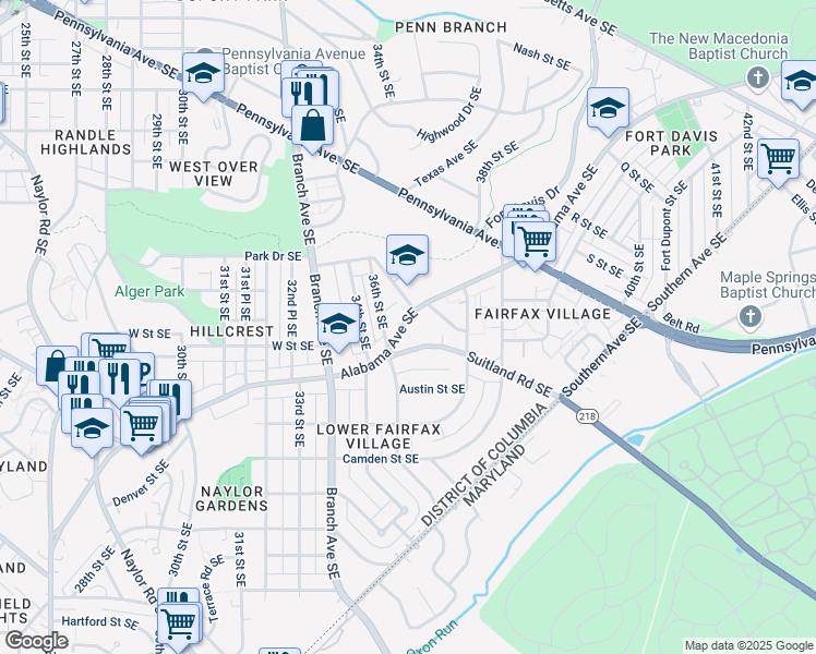 map of restaurants, bars, coffee shops, grocery stores, and more near 3615 Alabama Avenue Southeast in Washington