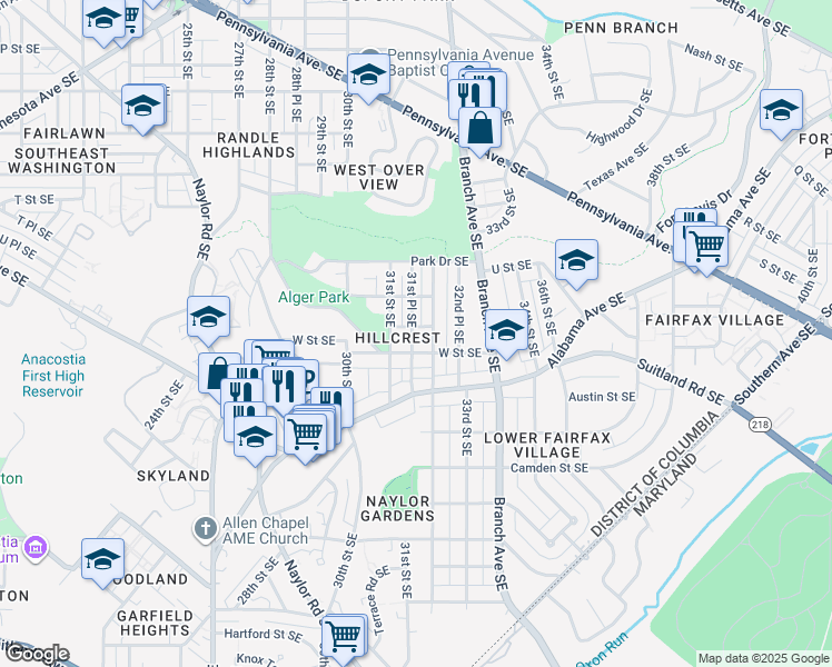map of restaurants, bars, coffee shops, grocery stores, and more near 3111 W Pl Southeast in Washington