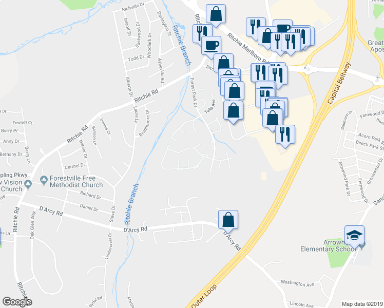 map of restaurants, bars, coffee shops, grocery stores, and more near 8707 Ritchboro Road in District Heights