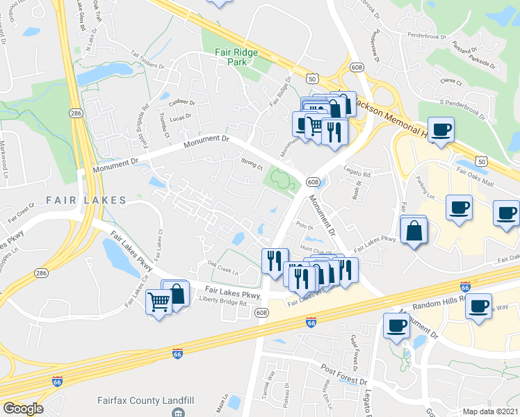 map of restaurants, bars, coffee shops, grocery stores, and more near 12249 Fairfield House Drive in Fairfax