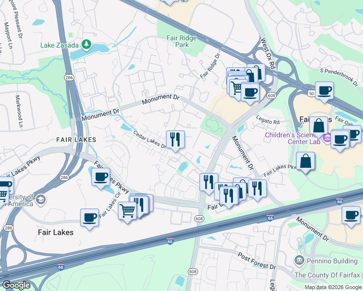 map of restaurants, bars, coffee shops, grocery stores, and more near 4328 Sutler Hill Square in Fairfax