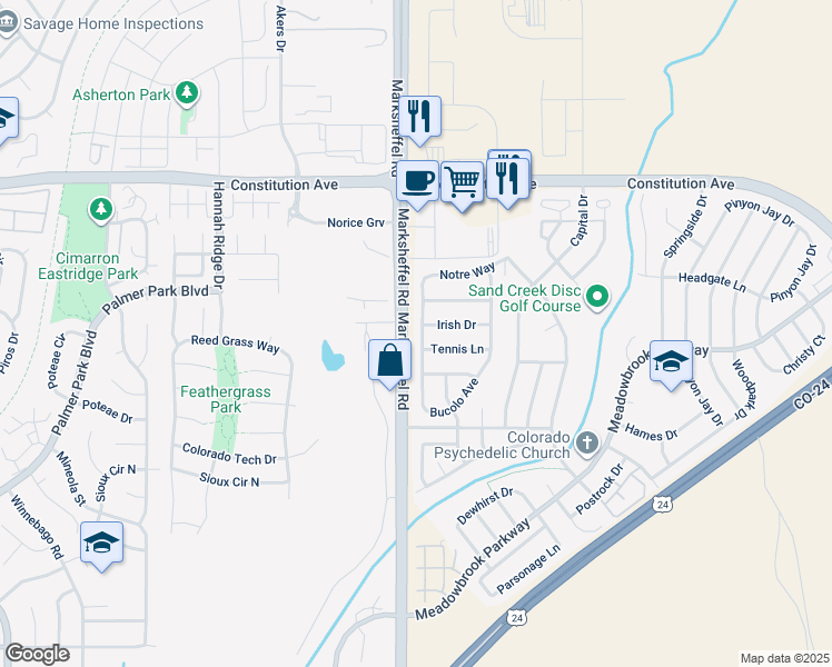 map of restaurants, bars, coffee shops, grocery stores, and more near 1765 Bucolo Avenue in Colorado Springs