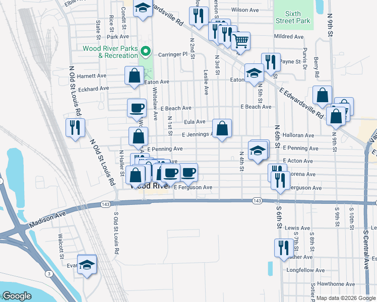 map of restaurants, bars, coffee shops, grocery stores, and more near 152 East Penning Avenue in Wood River