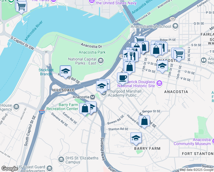 map of restaurants, bars, coffee shops, grocery stores, and more near 2400 Shannon Place Southeast in Washington