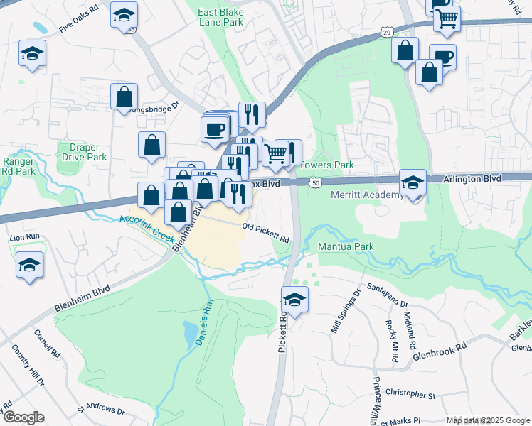 map of restaurants, bars, coffee shops, grocery stores, and more near 9479 Fairfax Boulevard in Fairfax