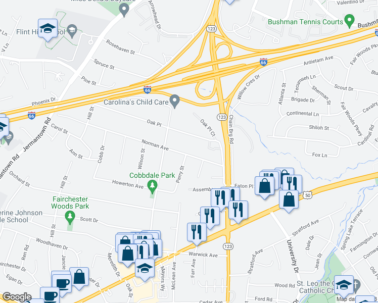 map of restaurants, bars, coffee shops, grocery stores, and more near 10516 Norman Avenue in Fairfax