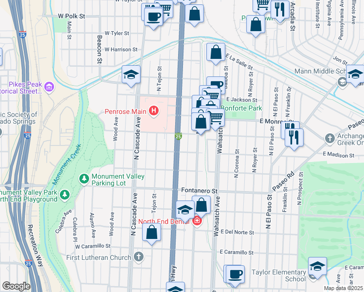 map of restaurants, bars, coffee shops, grocery stores, and more near 2111 North Nevada Avenue in Colorado Springs
