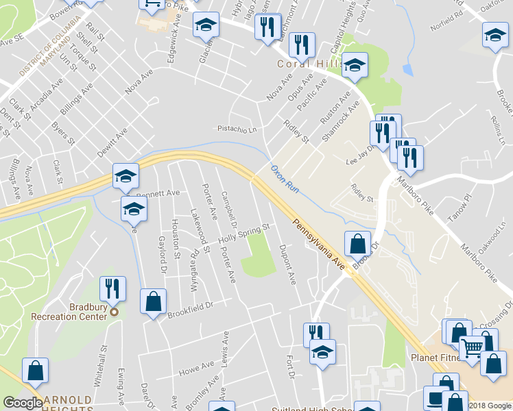map of restaurants, bars, coffee shops, grocery stores, and more near 2002 Spaulding Avenue in Hillcrest Heights