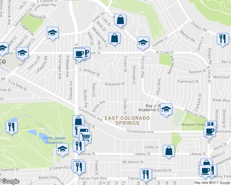 map of restaurants, bars, coffee shops, grocery stores, and more near 2124 Eagle View Drive in Colorado Springs