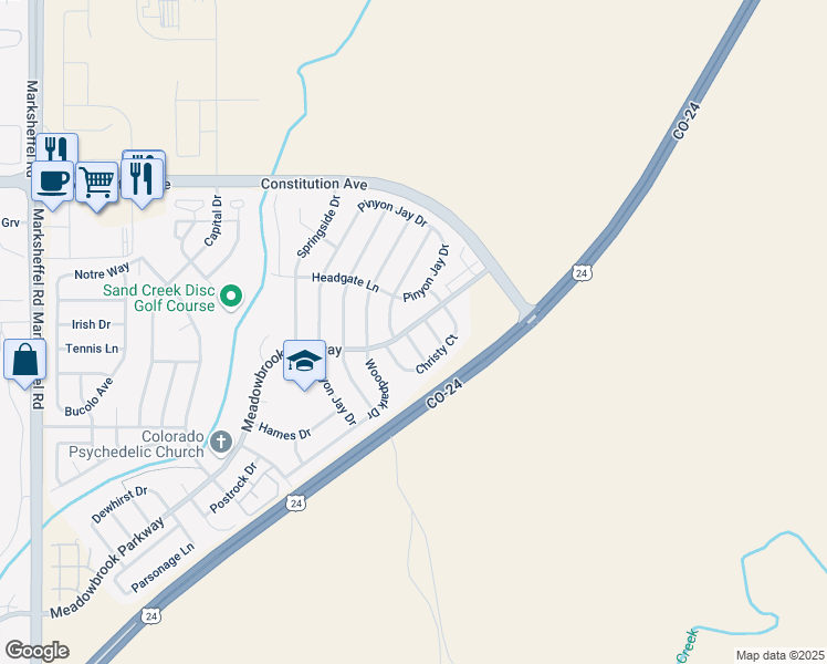map of restaurants, bars, coffee shops, grocery stores, and more near 2029 Jeanette Way in Colorado Springs