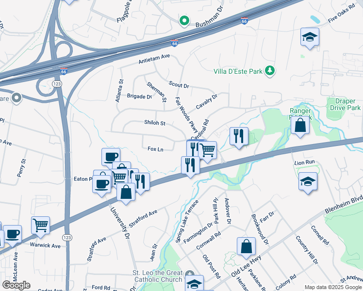 map of restaurants, bars, coffee shops, grocery stores, and more near 10133 Cardinal Road in Fairfax