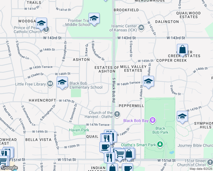 map of restaurants, bars, coffee shops, grocery stores, and more near 14619 South Blackfeather Street in Olathe