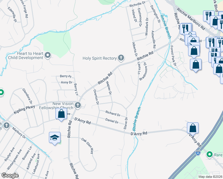 map of restaurants, bars, coffee shops, grocery stores, and more near 1902 Napier Drive in District Heights