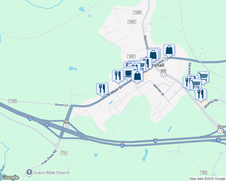 map of restaurants, bars, coffee shops, grocery stores, and more near 8418 West Main Street in Marshall