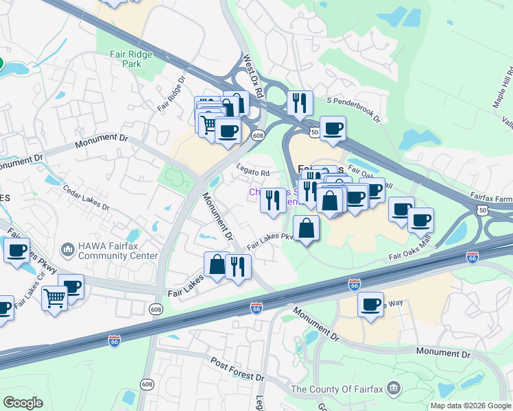 map of restaurants, bars, coffee shops, grocery stores, and more near 12133 Tribune Street in Fairfax