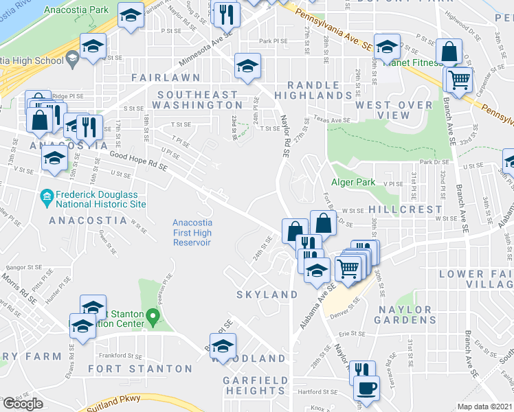 map of restaurants, bars, coffee shops, grocery stores, and more near 2315 Altamont Place Southeast in Washington