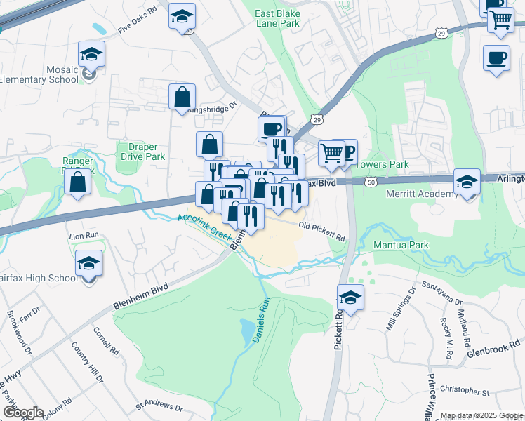 map of restaurants, bars, coffee shops, grocery stores, and more near 3204 Old Pickett Road in Fairfax
