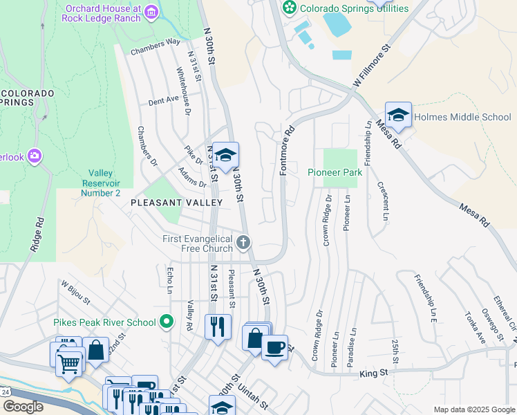 map of restaurants, bars, coffee shops, grocery stores, and more near 950 Fontmore Road in Colorado Springs