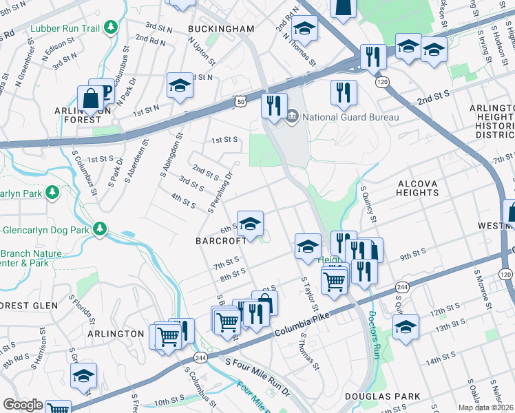 map of restaurants, bars, coffee shops, grocery stores, and more near 4317 6th Street South in Arlington