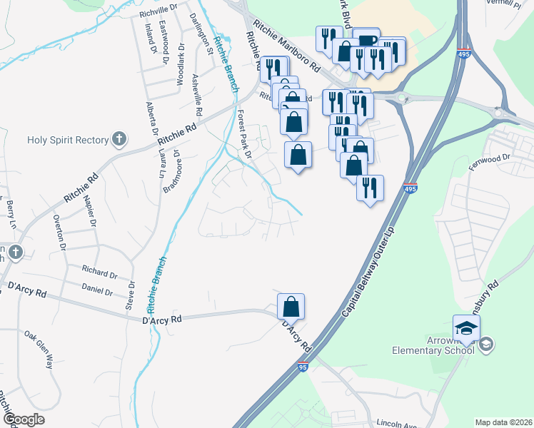 map of restaurants, bars, coffee shops, grocery stores, and more near 8758 Ritchboro Road in District Heights