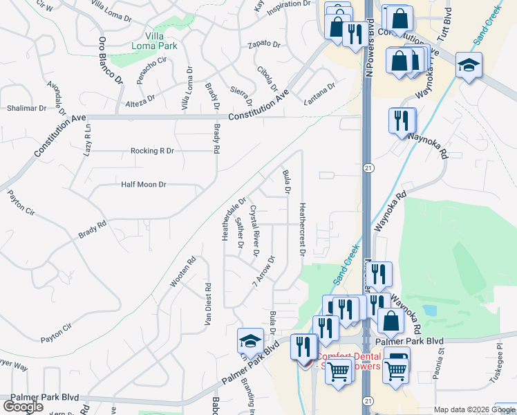 map of restaurants, bars, coffee shops, grocery stores, and more near 5410 Crystal Loma Point in Colorado Springs